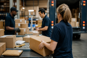 parcel shippers organizing boxes